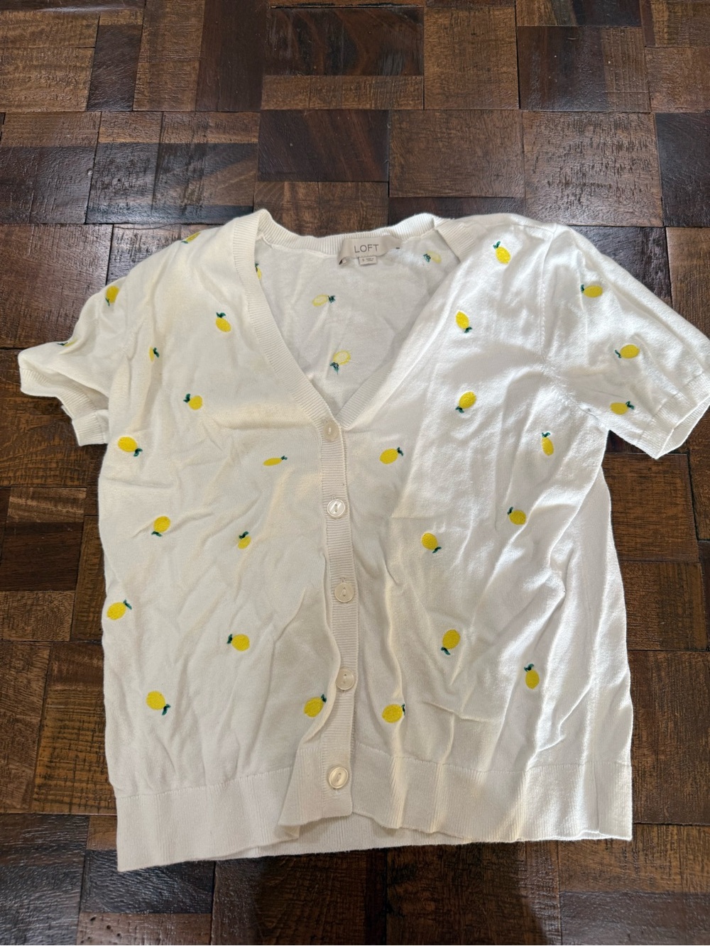 LOFT Cream Short-Sleeve Cardigan with Yellow Lemon Detail